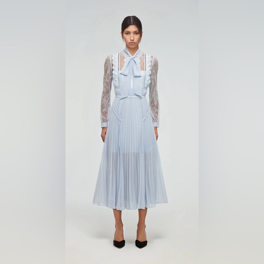 Self-Portrait Blue Pleated Midi Dress with Bishop Sleeves
